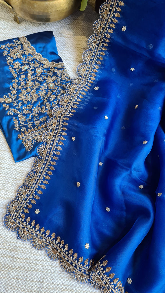 Zynah Blue colored Pure Organza Silk Saree with Zardosi, Pearl beads and Sequin Handwork; Custom Stitched/Ready-made Blouse, Fall, Petticoat; Shipping available USA, Worldwide