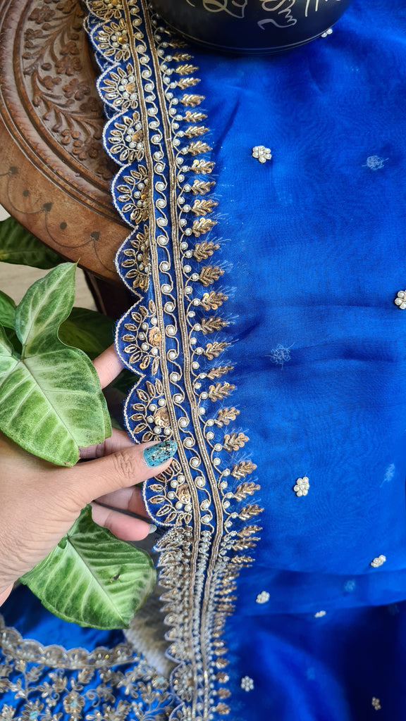 Zynah Blue colored Pure Organza Silk Saree with Zardosi, Pearl beads and Sequin Handwork; Custom Stitched/Ready-made Blouse, Fall, Petticoat; Shipping available USA, Worldwide