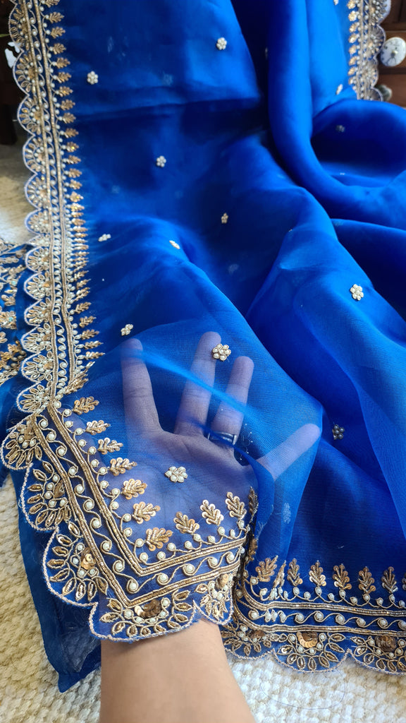 Zynah Blue colored Pure Organza Silk Saree with Zardosi, Pearl beads and Sequin Handwork; Custom Stitched/Ready-made Blouse, Fall, Petticoat; Shipping available USA, Worldwide