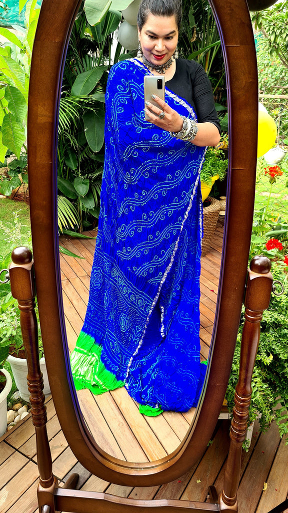 Zynah Pure Gajji Silk Designer Bandhani Saree with Zari Border & Pallu; Custom Stitched/Ready-made Blouse, Fall, Petticoat; Shipping available USA, Worldwide
