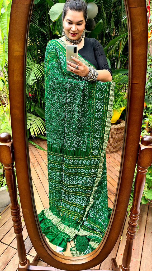 Zynah Pure Gajji Silk Designer Bandhani Saree with Banarasi Border & Pallu; Custom Stitched/Ready-made Blouse, Fall, Petticoat; Shipping available USA, Worldwide