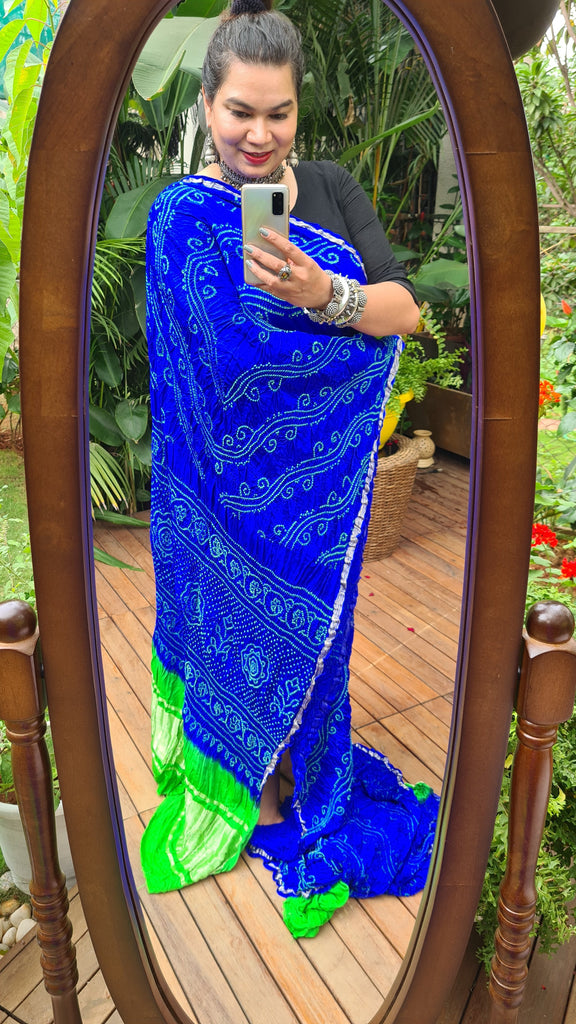 Zynah Pure Gajji Silk Designer Bandhani Saree with Zari Border & Pallu; Custom Stitched/Ready-made Blouse, Fall, Petticoat; Shipping available USA, Worldwide