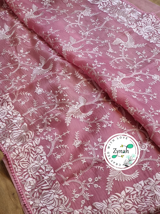 Zynah Pink Color Pure Organza Silk Saree with Parsi Gara Inspired Embroidery & Crochet Lace; Custom Stitched/Ready-made Blouse, Fall, Petticoat; Shipping available USA, Worldwide