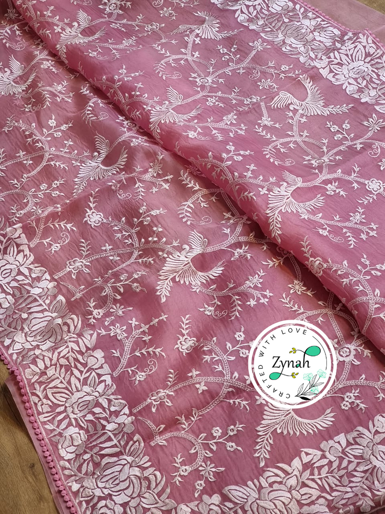 Zynah Pink Color Pure Organza Silk Saree with Parsi Gara Inspired Embroidery & Crochet Lace; Custom Stitched/Ready-made Blouse, Fall, Petticoat; Shipping available USA, Worldwide
