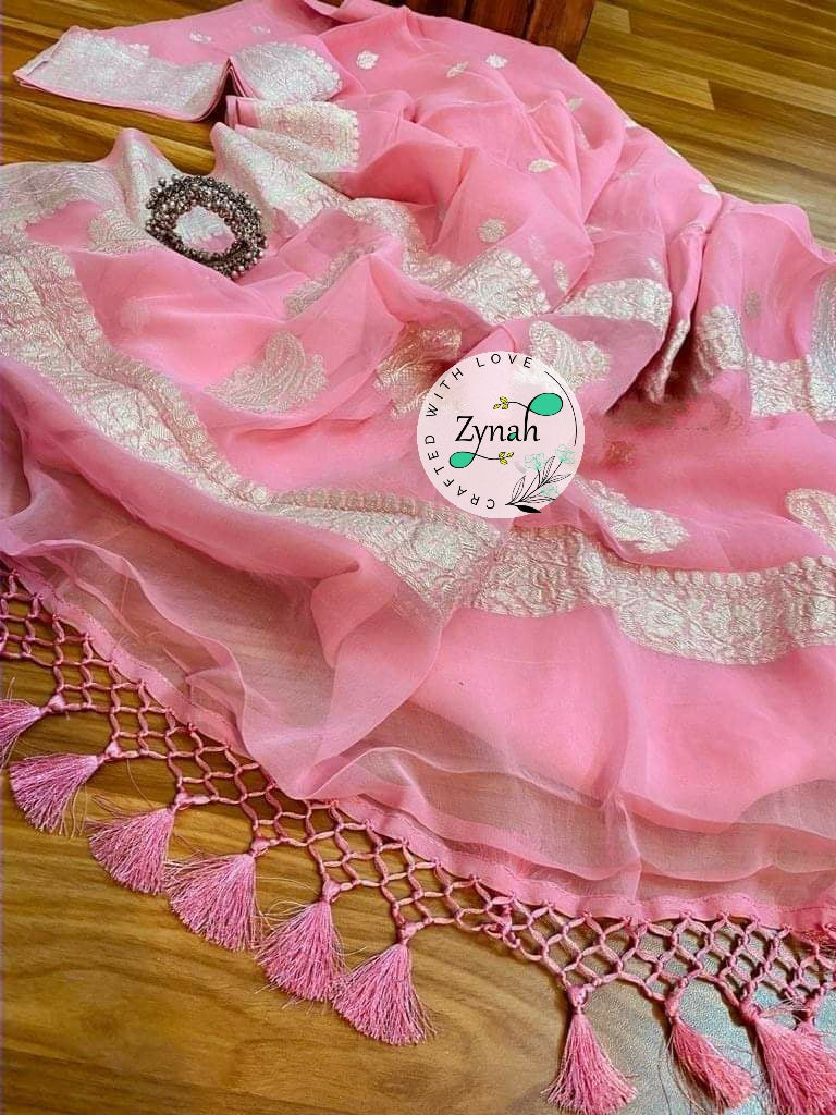 Zynah Pure Banarasi Handloom Khaddi Georgette Saree with Zari Border & Butis; Custom Stitched/Ready-made Blouse, Fall, Petticoat; Shipping available USA, Worldwide