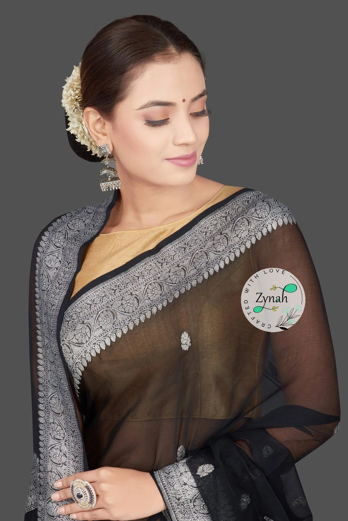 Zynah Pure Banarasi Handloom Khaddi Georgette Saree with Zari Border & Butis; Custom Stitched/Ready-made Blouse, Fall, Petticoat; Shipping available USA, Worldwide