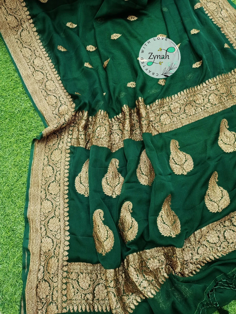 Zynah Pure Banarasi Handloom Khaddi Georgette Saree with Zari Border & Butis; Custom Stitched/Ready-made Blouse, Fall, Petticoat; Shipping available USA, Worldwide
