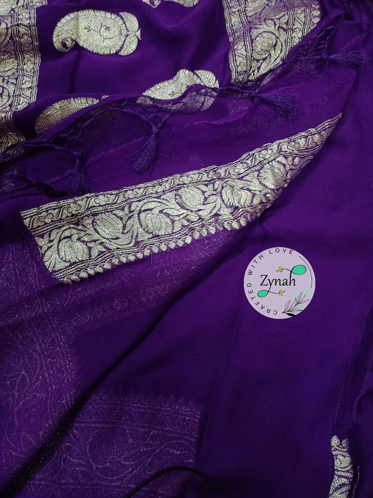 Zynah Pure Banarasi Handloom Khaddi Georgette Saree with Zari Border & Butis; Custom Stitched/Ready-made Blouse, Fall, Petticoat; Shipping available USA, Worldwide