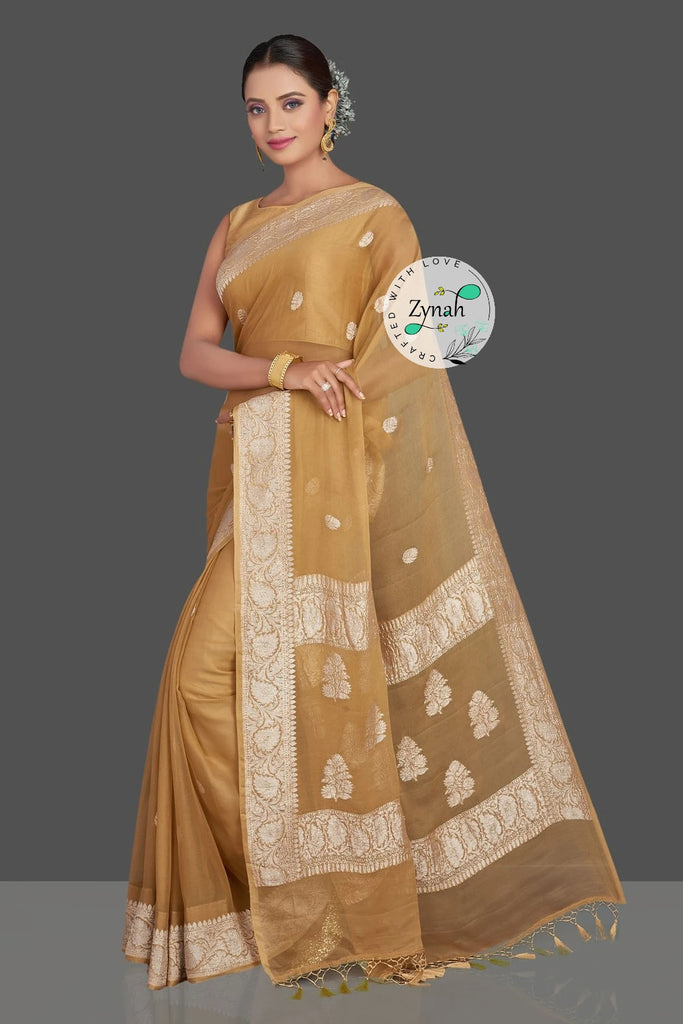 Zynah Pure Banarasi Handloom Khaddi Georgette Saree with Zari Border & Butis; Custom Stitched/Ready-made Blouse, Fall, Petticoat; Shipping available USA, Worldwide