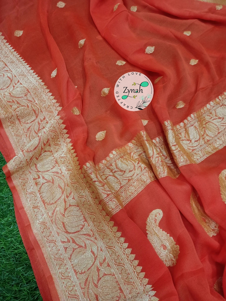 Zynah Pure Banarasi Handloom Khaddi Georgette Saree with Zari Border & Butis; Custom Stitched/Ready-made Blouse, Fall, Petticoat; Shipping available USA, Worldwide