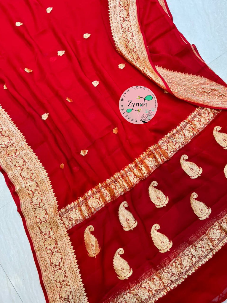 Zynah Pure Banarasi Handloom Khaddi Georgette Saree with Zari Border & Butis; Custom Stitched/Ready-made Blouse, Fall, Petticoat; Shipping available USA, Worldwide