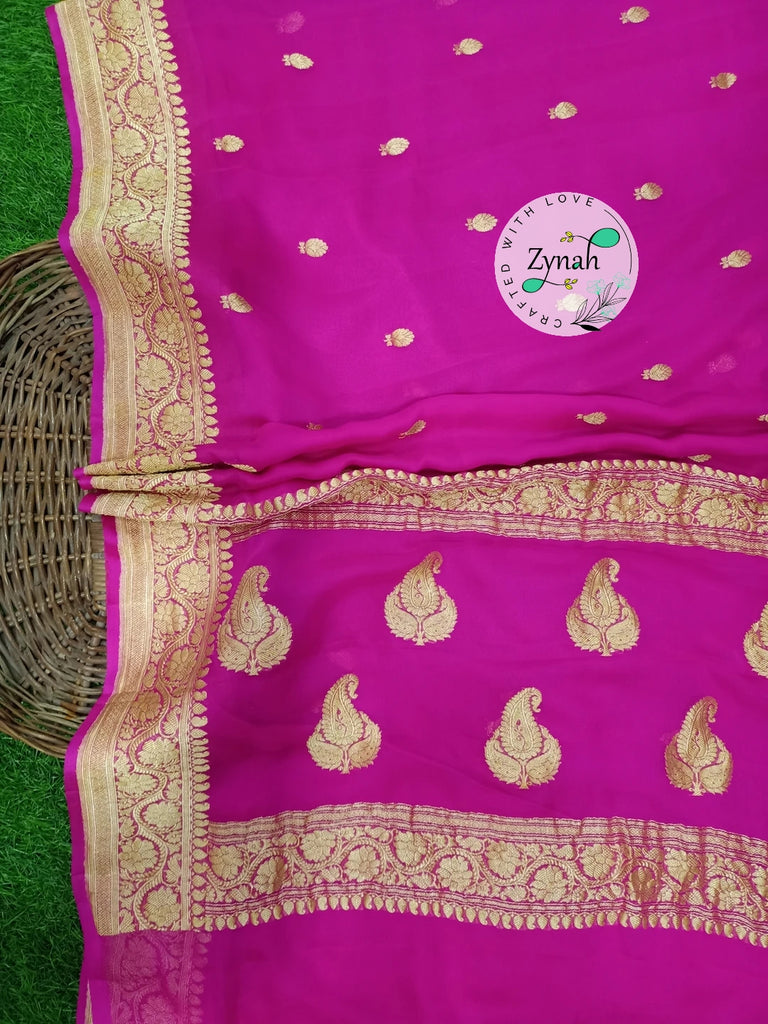 Zynah Pure Banarasi Handloom Khaddi Georgette Saree with Zari Border & Butis; Custom Stitched/Ready-made Blouse, Fall, Petticoat; Shipping available USA, Worldwide