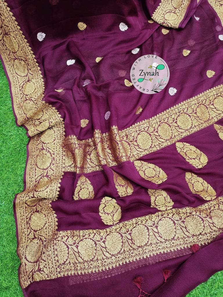 Zynah Pure Banarasi Handloom Khaddi Georgette Saree with Zari Border & Butis; Custom Stitched/Ready-made Blouse, Fall, Petticoat; Shipping available USA, Worldwide