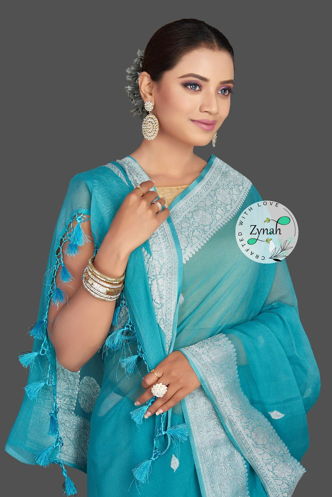 Zynah Pure Banarasi Handloom Khaddi Georgette Saree with Zari Border & Butis; Custom Stitched/Ready-made Blouse, Fall, Petticoat; Shipping available USA, Worldwide