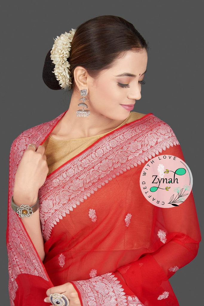 Zynah Pure Banarasi Handloom Khaddi Georgette Saree with Zari Border & Butis; Custom Stitched/Ready-made Blouse, Fall, Petticoat; Shipping available USA, Worldwide