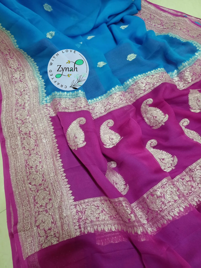 Zynah Pure Banarasi Handloom Khaddi Georgette Saree with Zari Weave; Custom Stitched/Ready-made Blouse, Fall, Petticoat; Shipping available USA, Worldwide