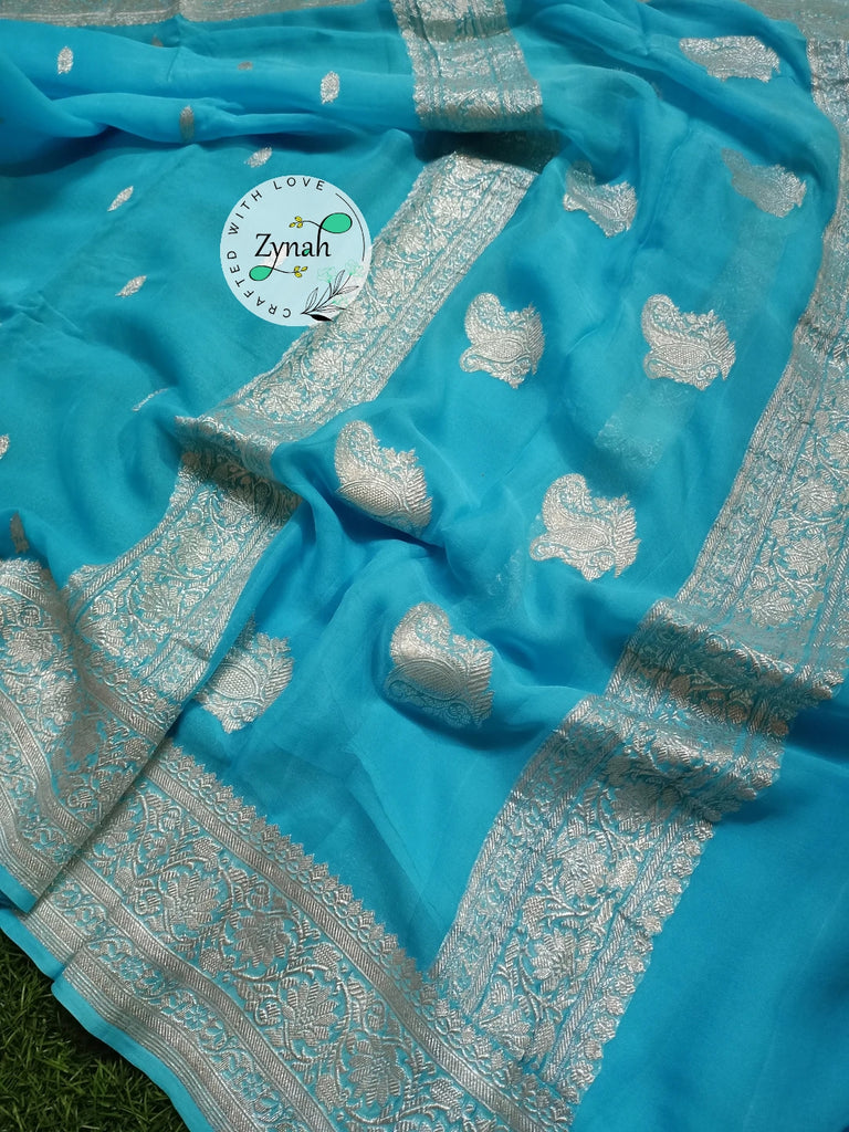 Zynah Pure Banarasi Handloom Khaddi Georgette Saree with Zari Border & Butis; Custom Stitched/Ready-made Blouse, Fall, Petticoat; Shipping available USA, Worldwide
