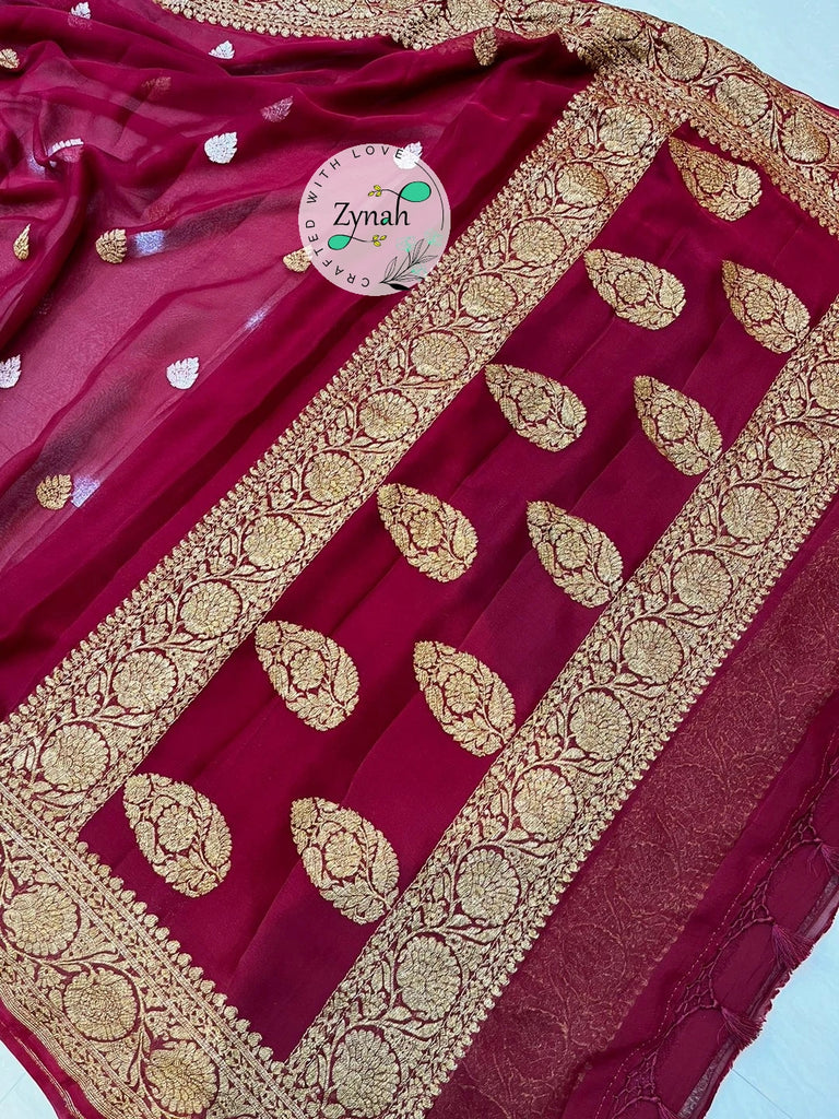 Zynah Pure Banarasi Handloom Khaddi Georgette Saree with Zari Border & Butis; Custom Stitched/Ready-made Blouse, Fall, Petticoat; Shipping available USA, Worldwide