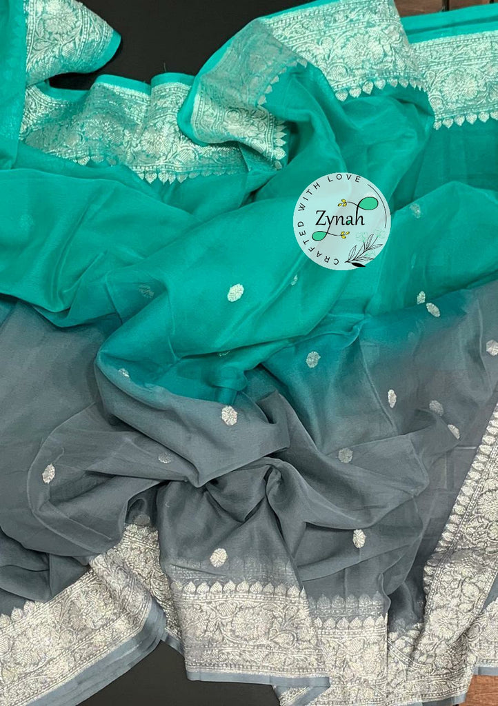 Zynah Pure Banarasi Handloom Khaddi Georgette Double-shaded Saree with Zari Weave; Custom Stitched/Ready-made Blouse, Fall, Petticoat; Shipping available USA, Worldwide