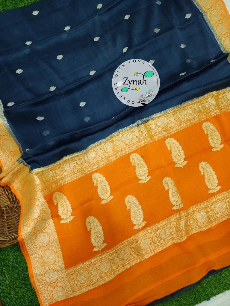 Zynah Pure Banarasi Handloom Khaddi Georgette Saree with Zari Weave; Custom Stitched/Ready-made Blouse, Fall, Petticoat; Shipping available USA, Worldwide