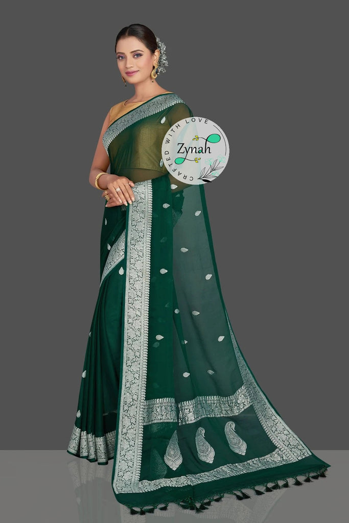 Zynah Pure Banarasi Handloom Khaddi Georgette Saree with Zari Border & Butis; Custom Stitched/Ready-made Blouse, Fall, Petticoat; Shipping available USA, Worldwide