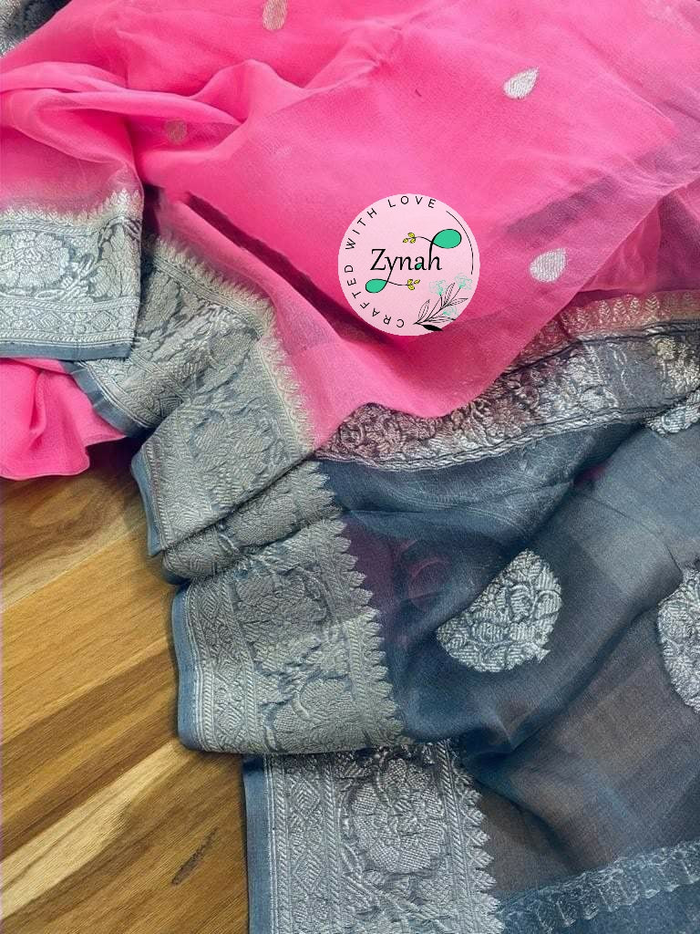 Zynah Pure Banarasi Handloom Khaddi Georgette Saree with Zari Weave; Custom Stitched/Ready-made Blouse, Fall, Petticoat; Shipping available USA, Worldwide