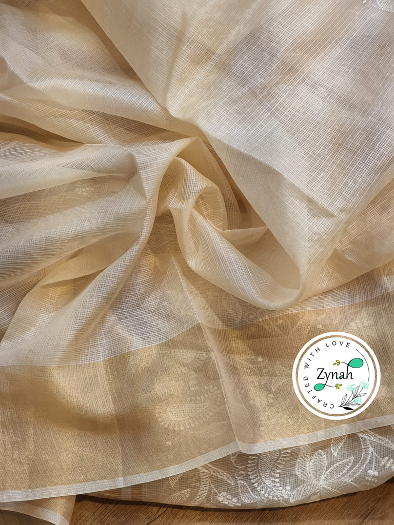 Zynah Off-White Color Pure Tussar Kota Silk Saree with Heavy Chikankari Embroidery With Double Ghiccha Pallu and Heavy Tassels; Custom Stitched/Ready-made Blouse, Fall, Petticoat; Shipping available USA, Worldwide