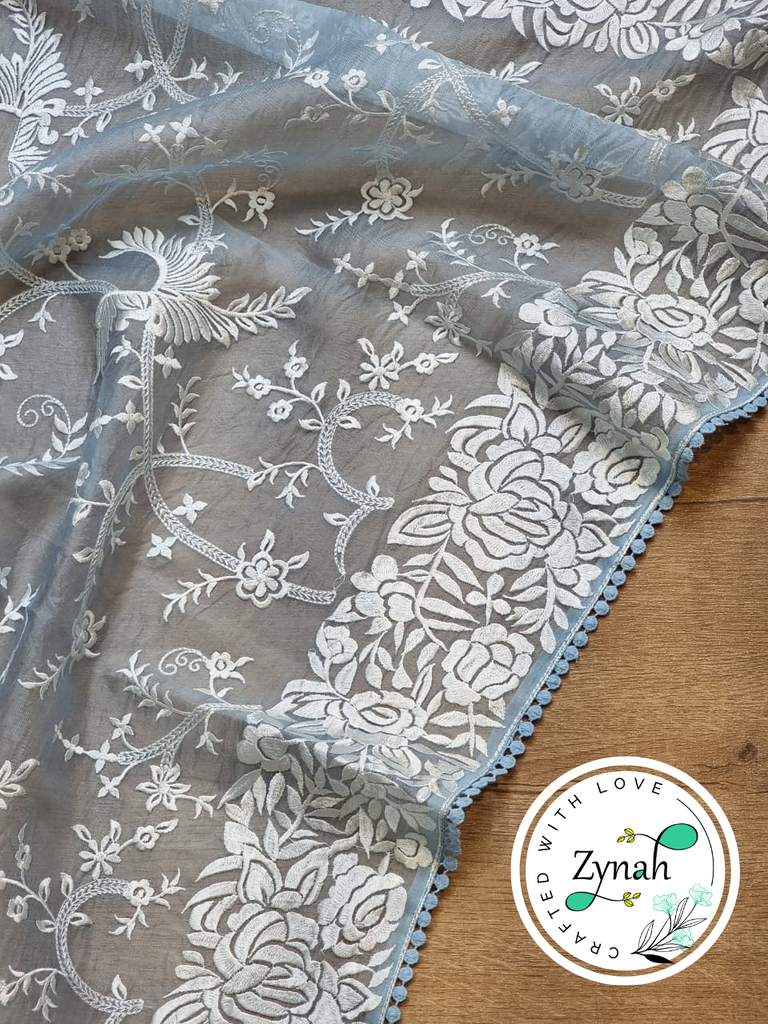 Zynah Blue Color Pure Organza Silk Saree with Parsi Gara Inspired Embroidery & Crochet Lace; Custom Stitched/Ready-made Blouse, Fall, Petticoat; Shipping available USA, Worldwide