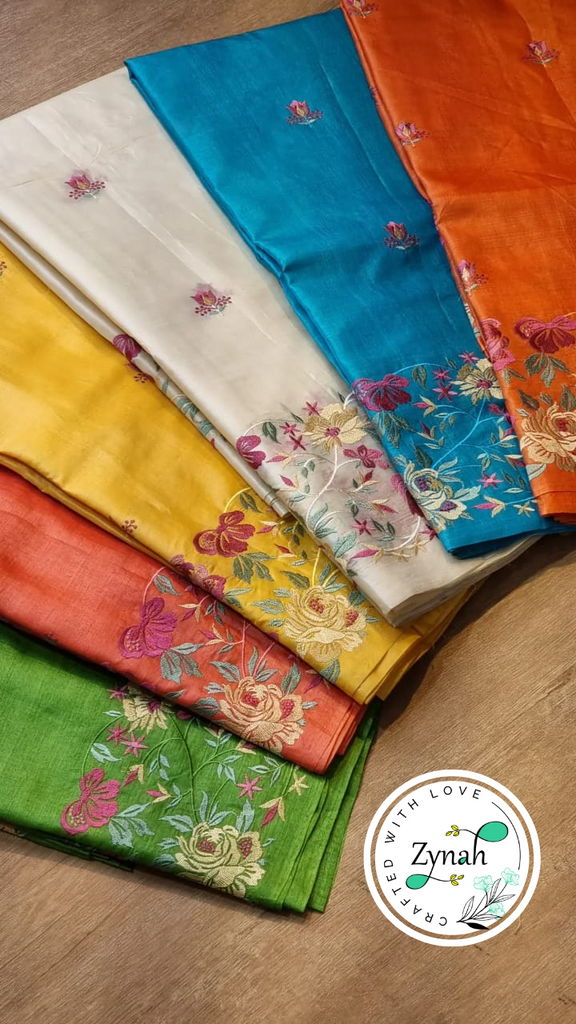 Zynah Orange Color Pure Tussar Silk Embroidered Saree with Vibrant Tassels; Custom Stitched/Ready-made Blouse, Fall, Petticoat; Shipping available USA, Worldwide