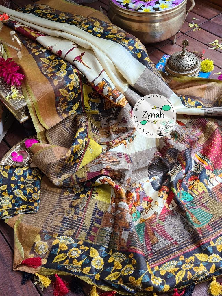 Zynah Pure Tussar Silk Saree with Digital Kalamkari Prints; Custom Stitched/Ready-made Blouse, Fall, Petticoat; Shipping available USA, Worldwide