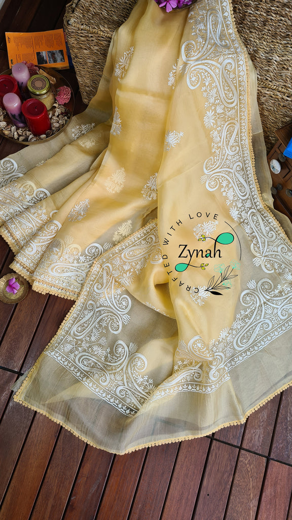 Zynah Pure Organza Silk Saree with Thread Embroidery & Crochet lace Border; Custom Stitched/Ready-made Blouse, Fall, Petticoat; Shipping available USA, Worldwide
