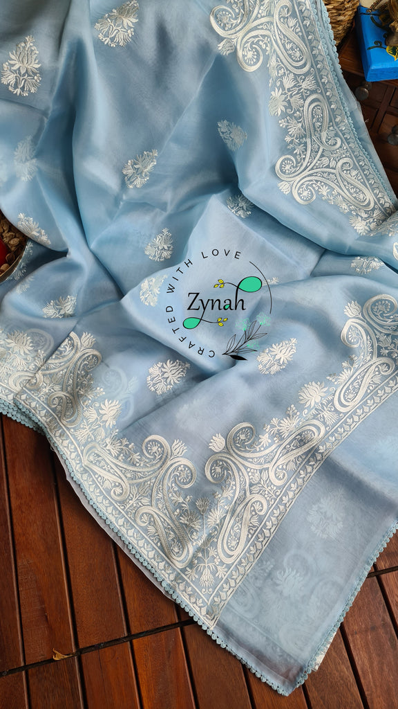 Zynah Pure Organza Silk Saree with Thread Embroidery & Crochet lace Border; Custom Stitched/Ready-made Blouse, Fall, Petticoat; Shipping available USA, Worldwide