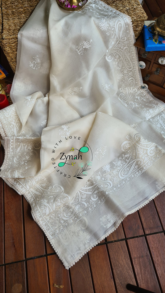 Zynah Pure Organza Silk Saree with Thread Embroidery & Crochet lace Border; Custom Stitched/Ready-made Blouse, Fall, Petticoat; Shipping available USA, Worldwide