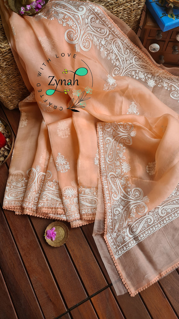 Zynah Pure Organza Silk Saree with Thread Embroidery & Crochet lace Border; Custom Stitched/Ready-made Blouse, Fall, Petticoat; Shipping available USA, Worldwide