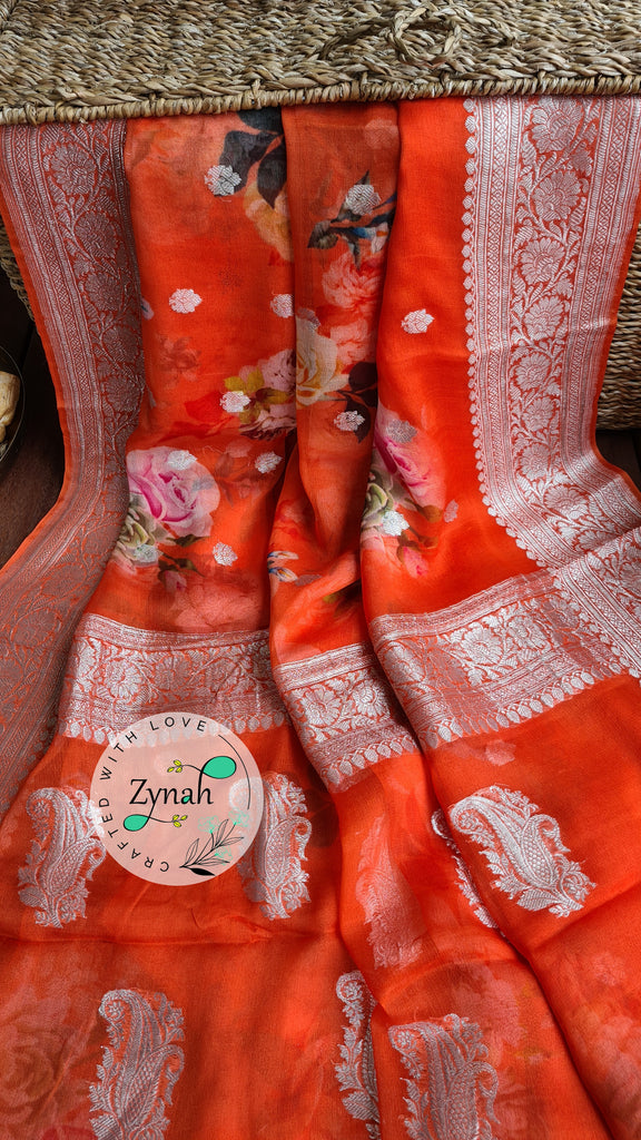 Zynah Pure Khaddi Chiffon Saree with Floral Prints & Silver Zari Weave; Custom Stitched/Ready-made Blouse, Fall, Petticoat; Shipping available USA, Worldwide