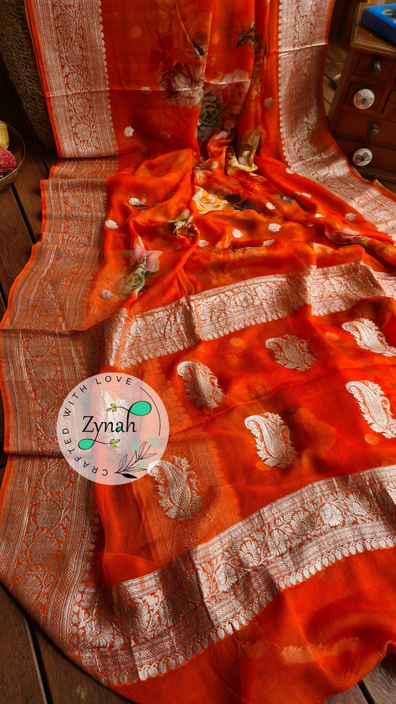 Zynah Pure Khaddi Chiffon Saree with Floral Prints & Silver Zari Weave; Custom Stitched/Ready-made Blouse, Fall, Petticoat; Shipping available USA, Worldwide