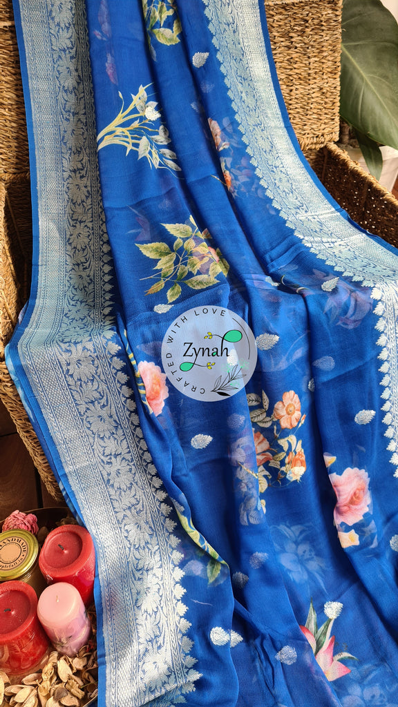 Zynah Pure Khaddi Chiffon Saree with Floral Prints & Silver Zari Weave; Custom Stitched/Ready-made Blouse, Fall, Petticoat; Shipping available USA, Worldwide