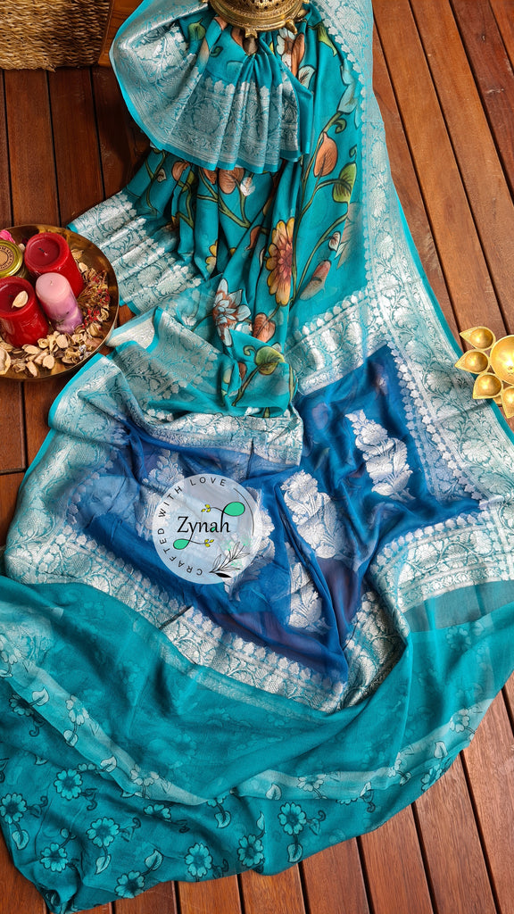 Zynah Pure Khaddi Chiffon Saree with Floral Prints & Silver Zari Weave; Custom Stitched/Ready-made Blouse, Fall, Petticoat; Shipping available USA, Worldwide