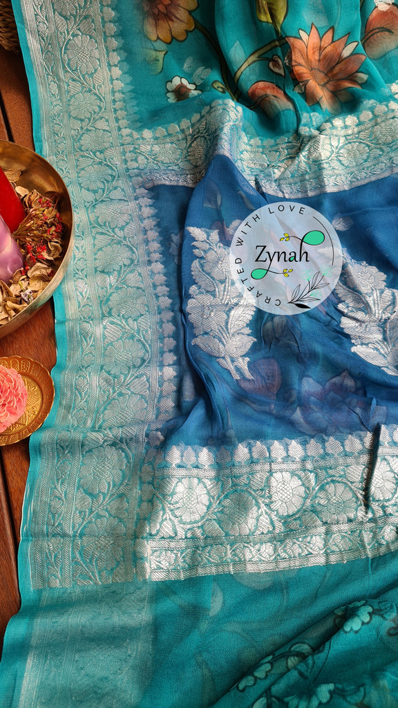 Zynah Pure Khaddi Chiffon Saree with Floral Prints & Silver Zari Weave; Custom Stitched/Ready-made Blouse, Fall, Petticoat; Shipping available USA, Worldwide