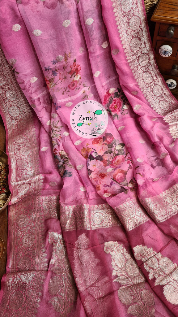 Zynah Pure Khaddi Chiffon Saree with Floral Prints & Silver Zari Weave; Custom Stitched/Ready-made Blouse, Fall, Petticoat; Shipping available USA, Worldwide