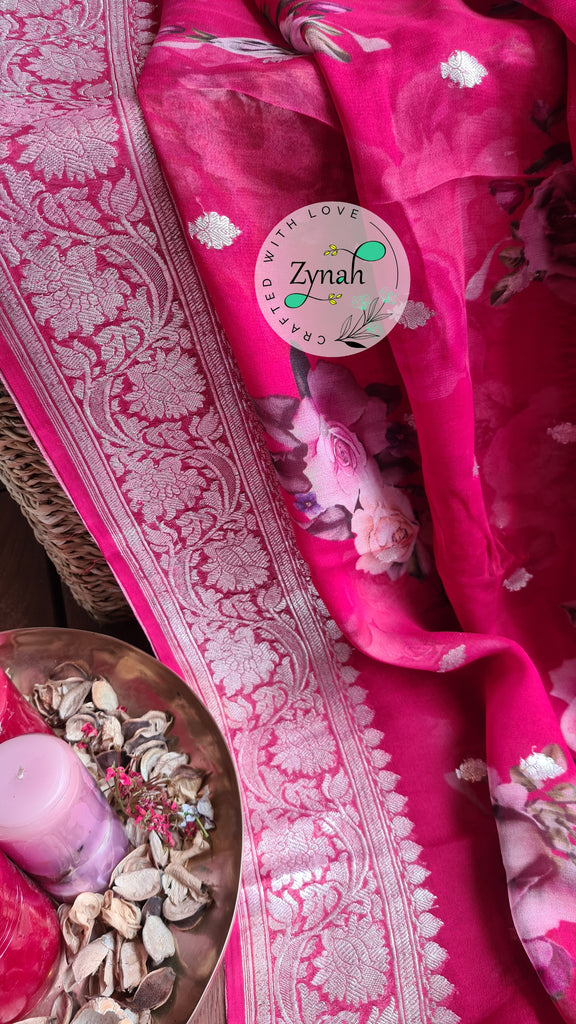 Zynah Pure Khaddi Chiffon Saree with Floral Prints & Silver Zari Weave; Custom Stitched/Ready-made Blouse, Fall, Petticoat; Shipping available USA, Worldwide