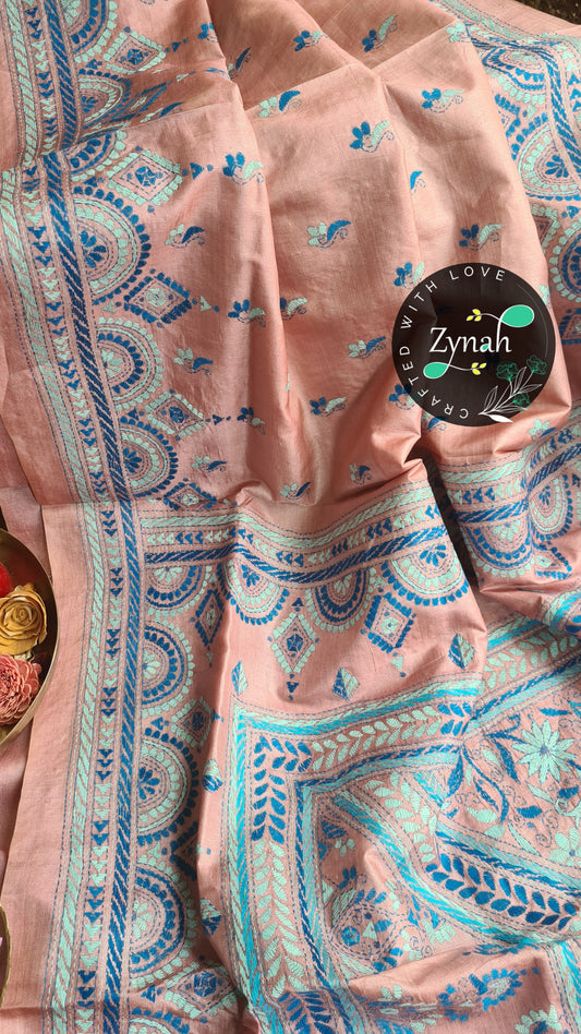 Zynah Pure Tussar Silk Kantha Saree; Custom Stitched/Ready-made Blouse, Fall, Petticoat; Shipping available USA, Worldwide