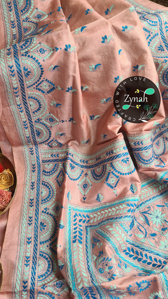 Zynah Pure Tussar Silk Kantha Saree; Custom Stitched/Ready-made Blouse, Fall, Petticoat; Shipping available USA, Worldwide