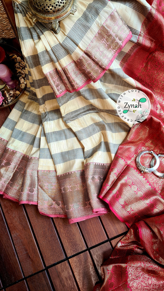Zynah Pure Tussar Banarasi Silk Saree with Antique Zari; Custom Stitched/Ready-made Blouse, Fall, Petticoat; Shipping available USA, Worldwide
