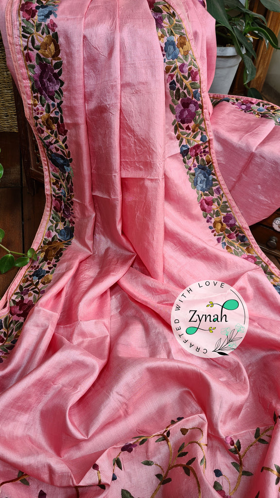 Zynah Made to Order Pure Tussar Silk Parsi Gara Handcrafted Saree; Custom Stitched/Ready-made Blouse, Fall, Petticoat; Shipping available USA, Worldwide