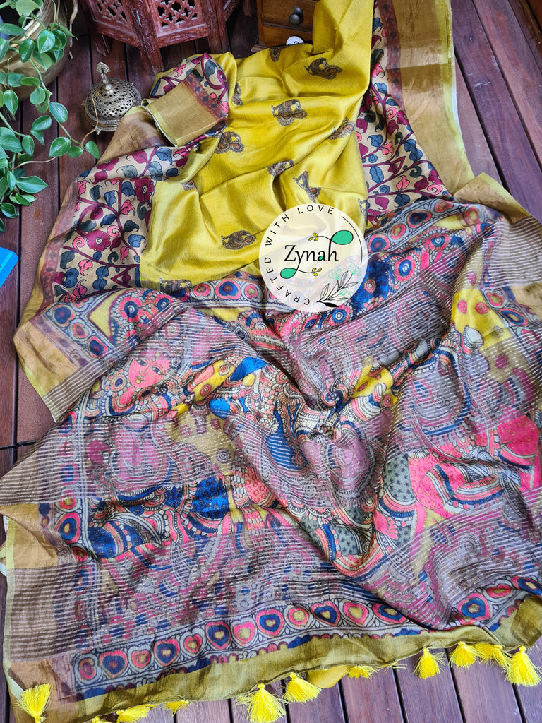 Zynah Pure Tussar Silk Saree with Digital Kalamkari Prints; Custom Stitched/Ready-made Blouse, Fall, Petticoat; Shipping available USA, Worldwide