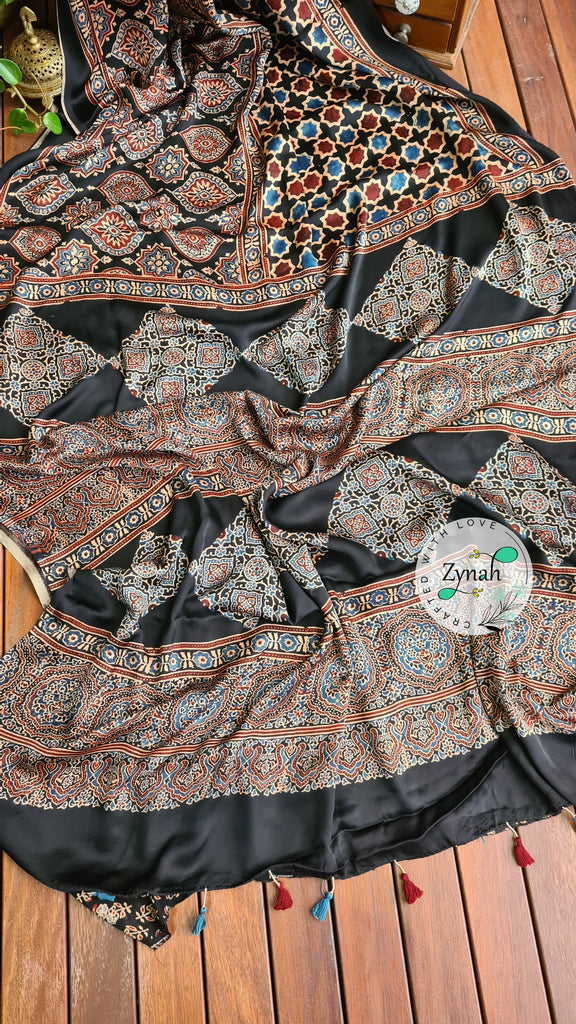 Zynah Pure Modal Silk Ajrakh Saree with Handblock Prints; Custom Stitched/Ready-made Blouse, Fall, Petticoat; Shipping available USA, Worldwide