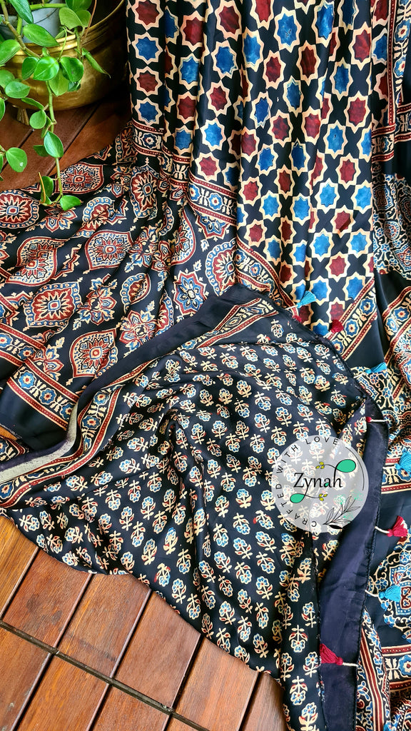 Zynah Pure Modal Silk Ajrakh Saree with Handblock Prints; Custom Stitched/Ready-made Blouse, Fall, Petticoat; Shipping available USA, Worldwide