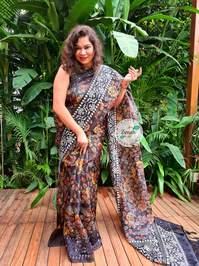 Zynah Pure Organza Silk Kalamkari Saree with Dhakai Jamdhani Thread Embroidery; Custom Stitched/Ready-made Blouse, Fall, Petticoat; Shipping available USA, Worldwide
