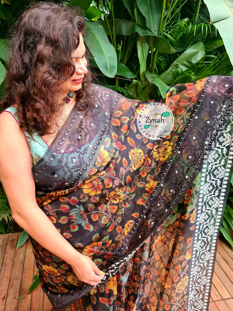 Zynah Pure Organza Silk Kalamkari Saree with Dhakai Jamdhani Thread Embroidery; Custom Stitched/Ready-made Blouse, Fall, Petticoat; Shipping available USA, Worldwide